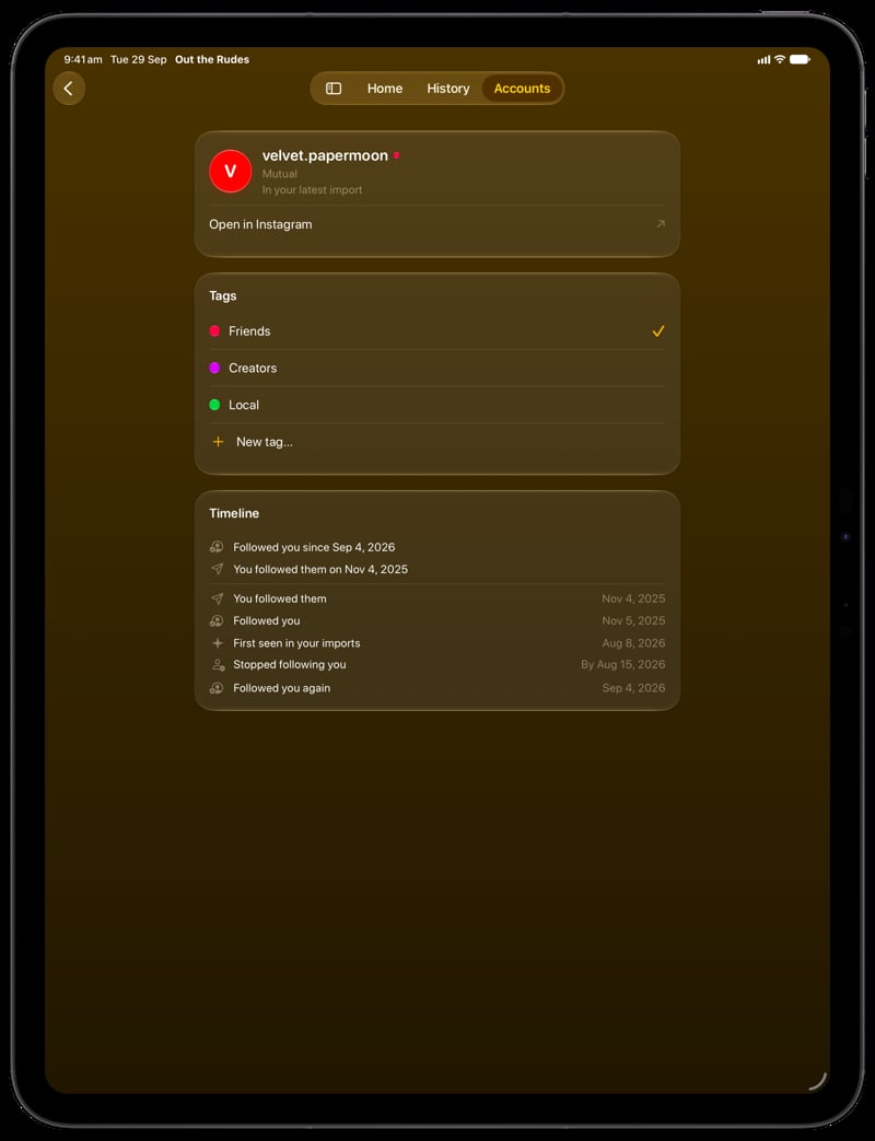 Out the Rudes on iPad Pro 13-inch showing Timeline in the Yellow tint, dark appearance.