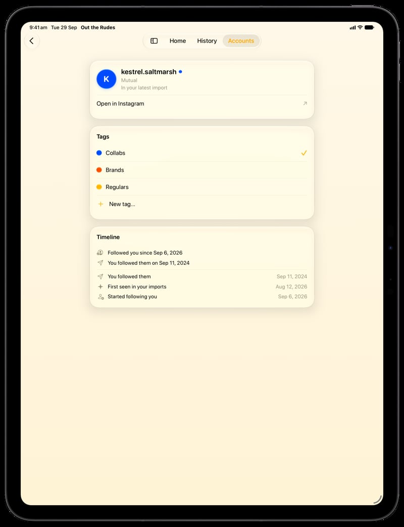 Out the Rudes on iPad Pro 13-inch showing Timeline in the Yellow tint, light appearance.