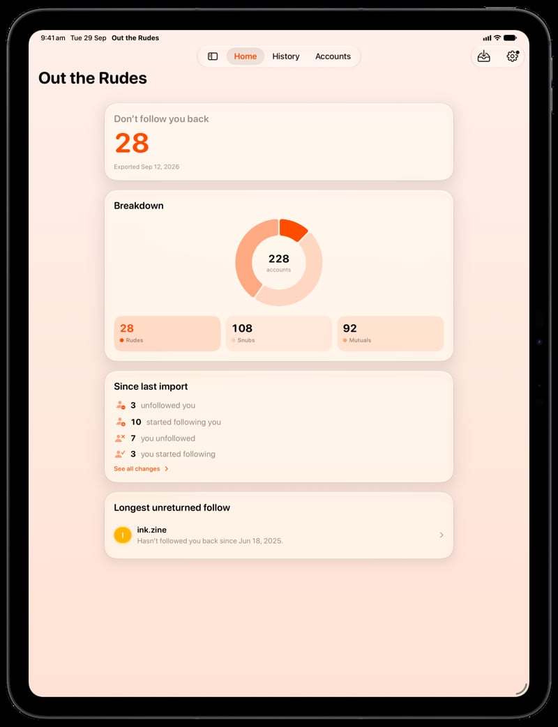 Out the Rudes on iPad Pro 13-inch showing Home in the Orange tint, light appearance.