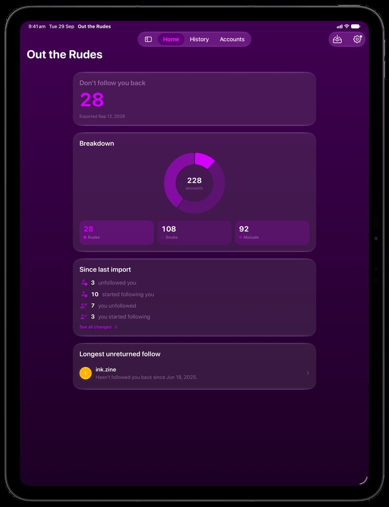 Out the Rudes on iPad Pro 13-inch showing Home in the Purple tint, dark appearance.