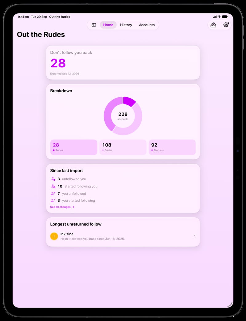 Out the Rudes on iPad Pro 13-inch showing Home in the Purple tint, light appearance.