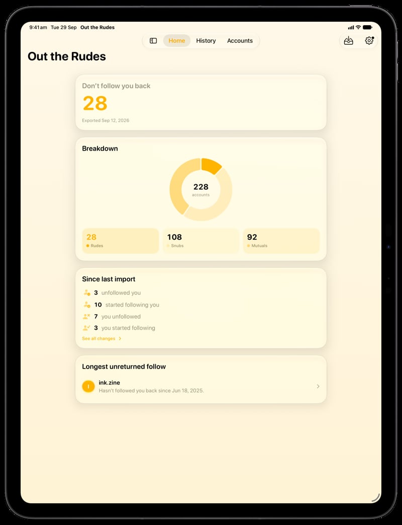 Out the Rudes on iPad Pro 13-inch showing Home in the Yellow tint, light appearance.