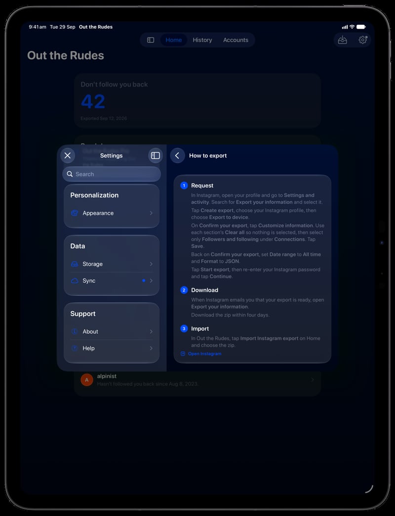 Out the Rudes on iPad Pro 13-inch showing Your Export in the Blue tint, dark appearance.