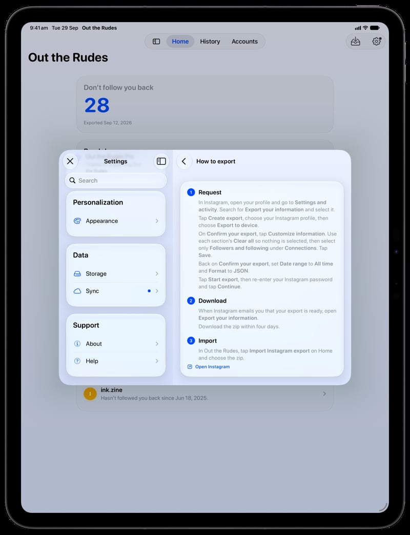 Out the Rudes on iPad Pro 13-inch showing Your Export in the Blue tint, light appearance.