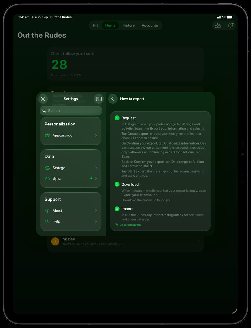 Out the Rudes on iPad Pro 13-inch showing Your Export in the Green tint, dark appearance.