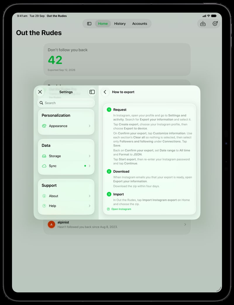 Out the Rudes on iPad Pro 13-inch showing Your Export in the Green tint, light appearance.