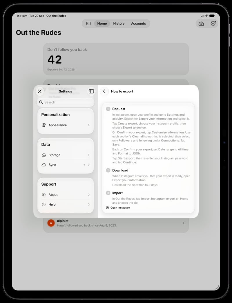 Out the Rudes on iPad Pro 13-inch showing Your Export in the Grey tint, light appearance.