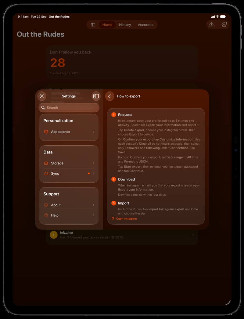 Out the Rudes on iPad Pro 13-inch showing Your Export in the Orange tint, dark appearance.