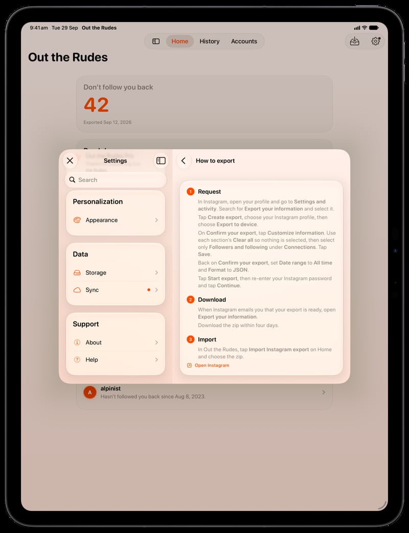 Out the Rudes on iPad Pro 13-inch showing Your Export in the Orange tint, light appearance.
