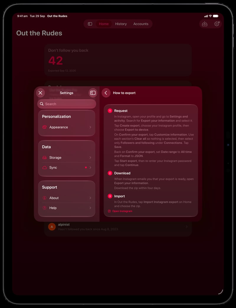 Out the Rudes on iPad Pro 13-inch showing Your Export in the Pink tint, dark appearance.