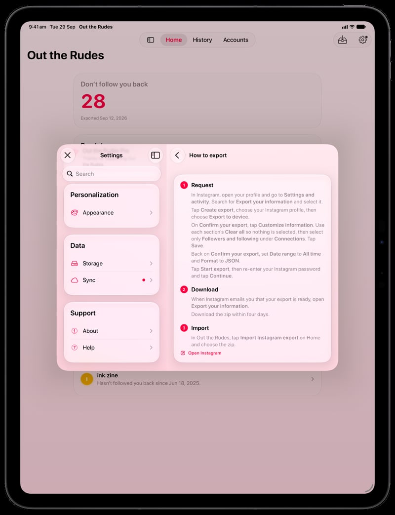 Out the Rudes on iPad Pro 13-inch showing Your Export in the Pink tint, light appearance.