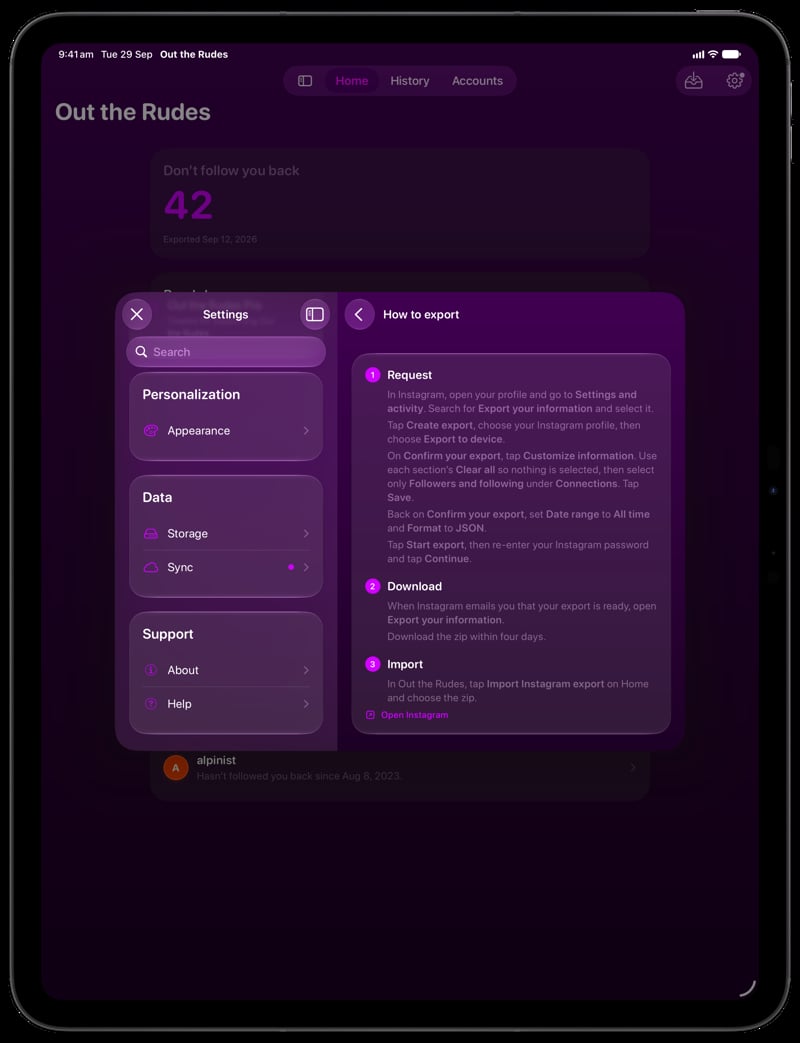 Out the Rudes on iPad Pro 13-inch showing Your Export in the Purple tint, dark appearance.