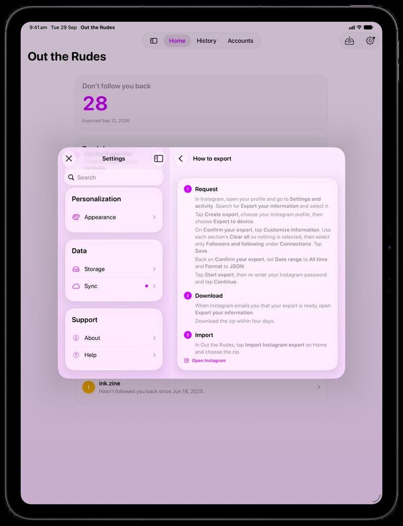 Out the Rudes on iPad Pro 13-inch showing Your Export in the Purple tint, light appearance.