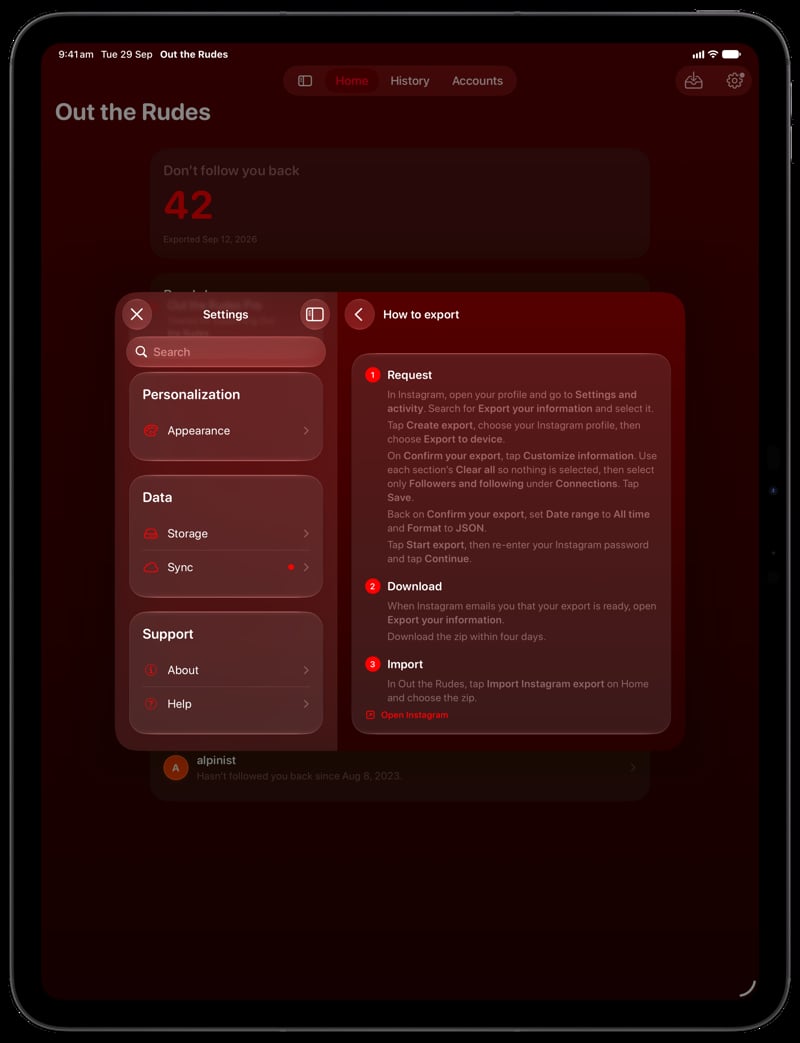 Out the Rudes on iPad Pro 13-inch showing Your Export in the Red tint, dark appearance.