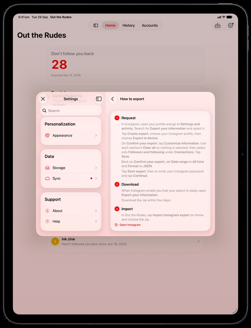 Out the Rudes on iPad Pro 13-inch showing Your Export in the Red tint, light appearance.