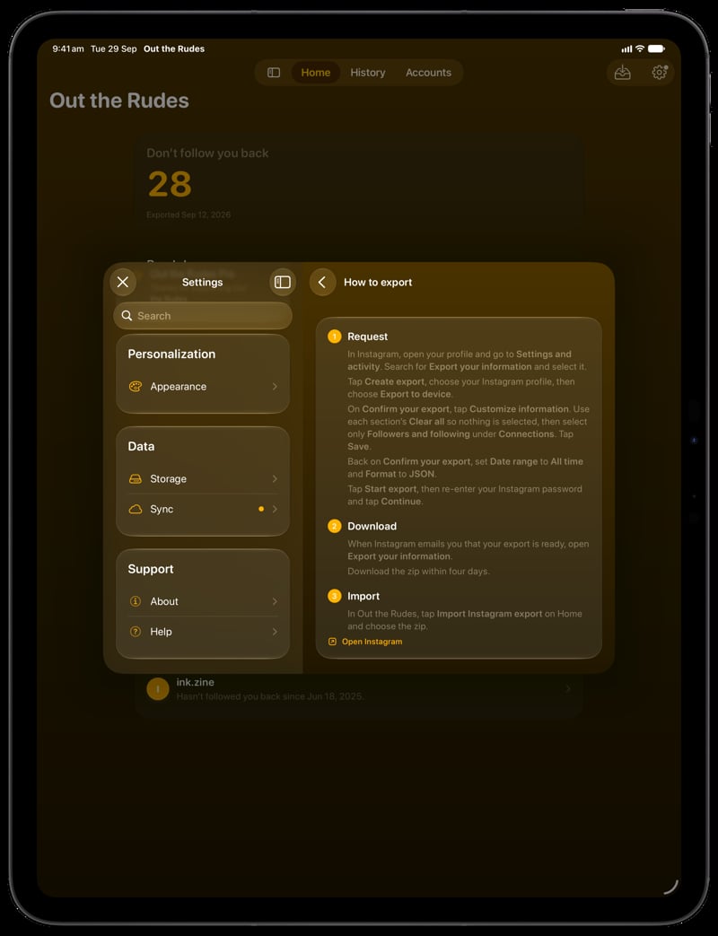 Out the Rudes on iPad Pro 13-inch showing Your Export in the Yellow tint, dark appearance.