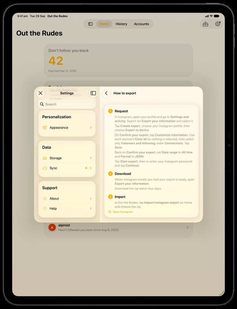 Out the Rudes on iPad Pro 13-inch showing Your Export in the Yellow tint, light appearance.
