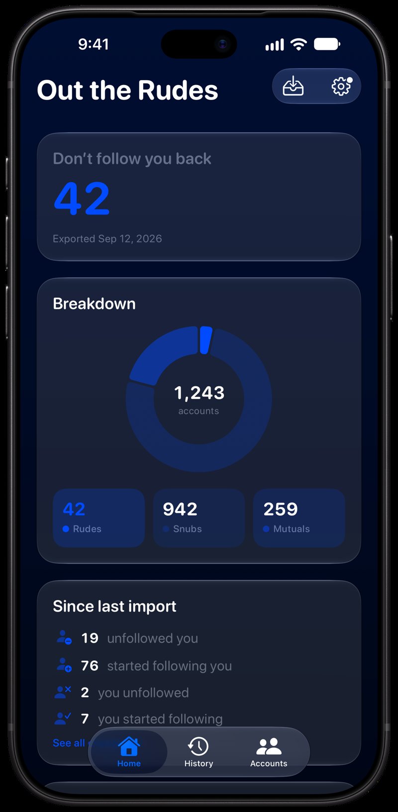 Out the Rudes on iPhone 18 Pro Max showing Follows Back in the Blue tint, dark appearance.