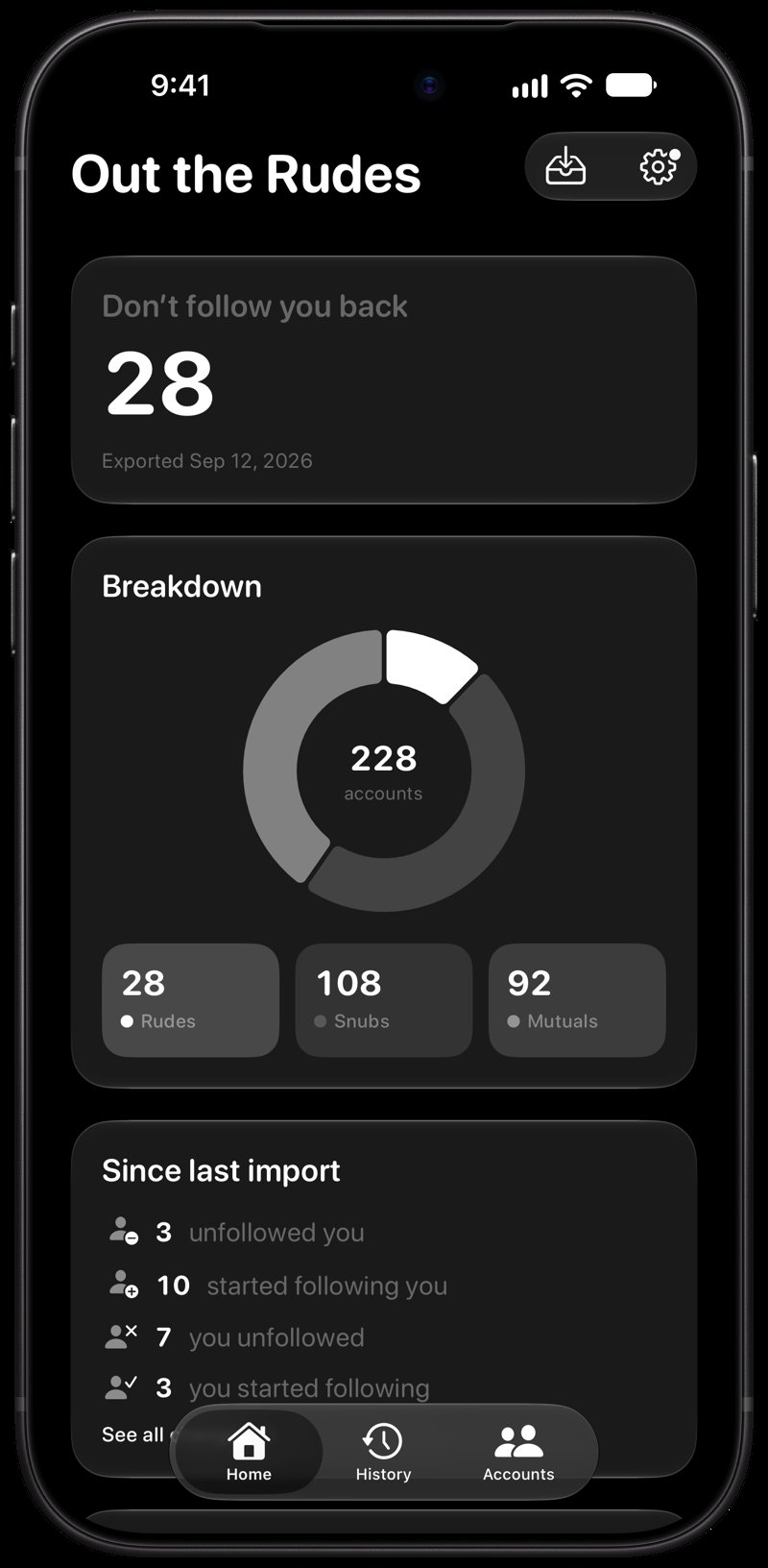 Out the Rudes on iPhone 18 Pro Max showing Follows Back in the Grey tint, dark appearance.