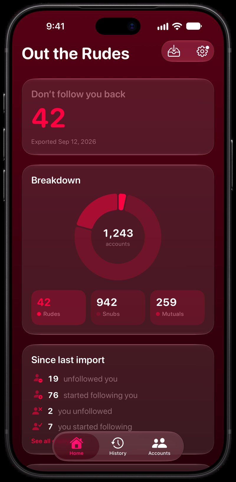 Out the Rudes on iPhone 18 Pro Max showing Follows Back in the Pink tint, dark appearance.