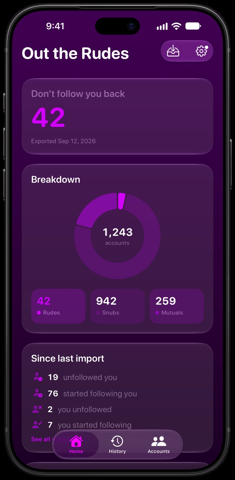 Out the Rudes on iPhone 18 Pro Max showing Follows Back in the Purple tint, dark appearance.