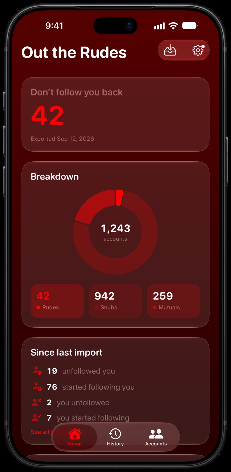 Out the Rudes on iPhone 18 Pro Max showing Follows Back in the Red tint, dark appearance.