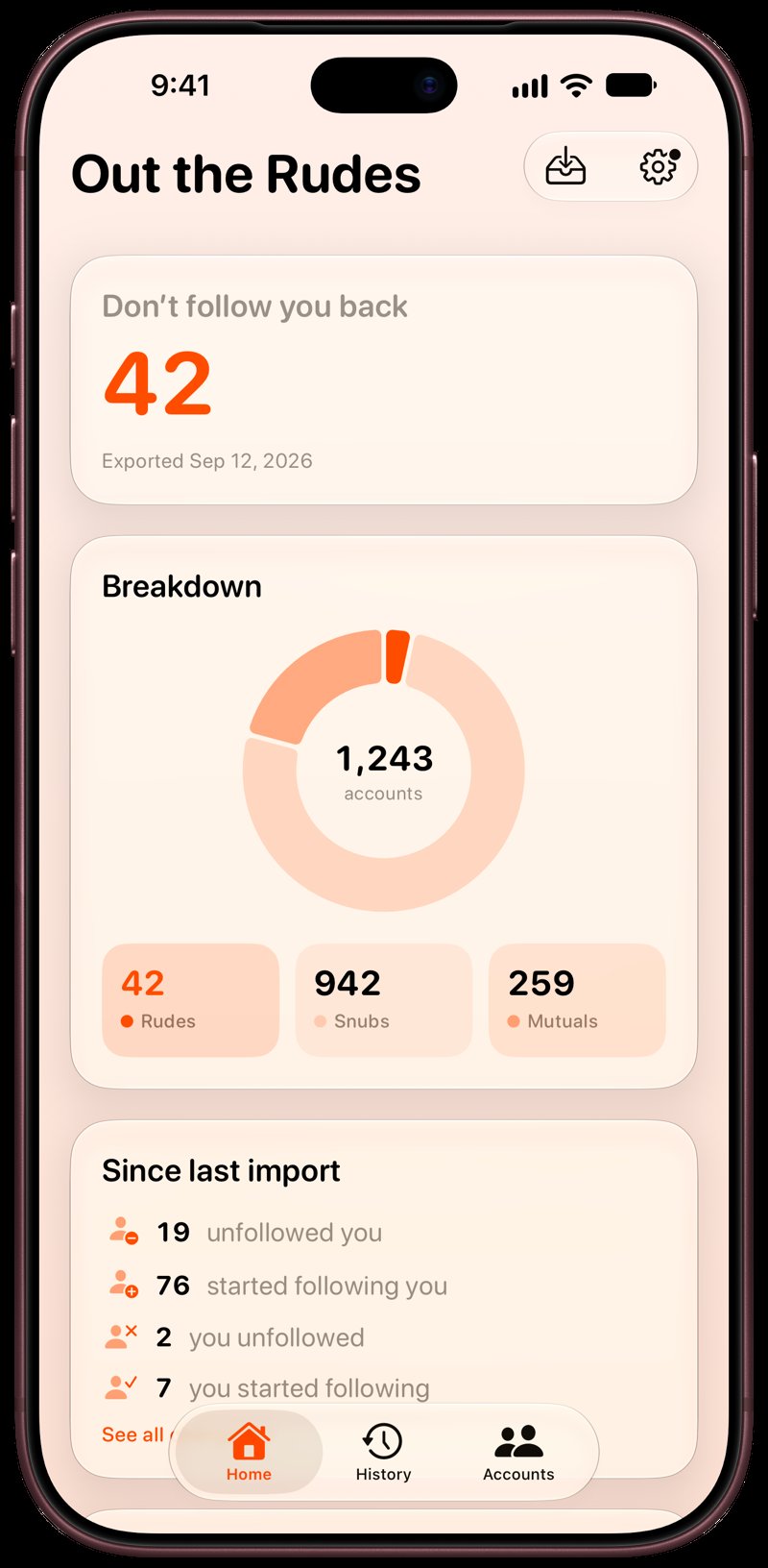 Out the Rudes on iPhone 18 Pro Max showing Follows Back in the Orange tint, light appearance.