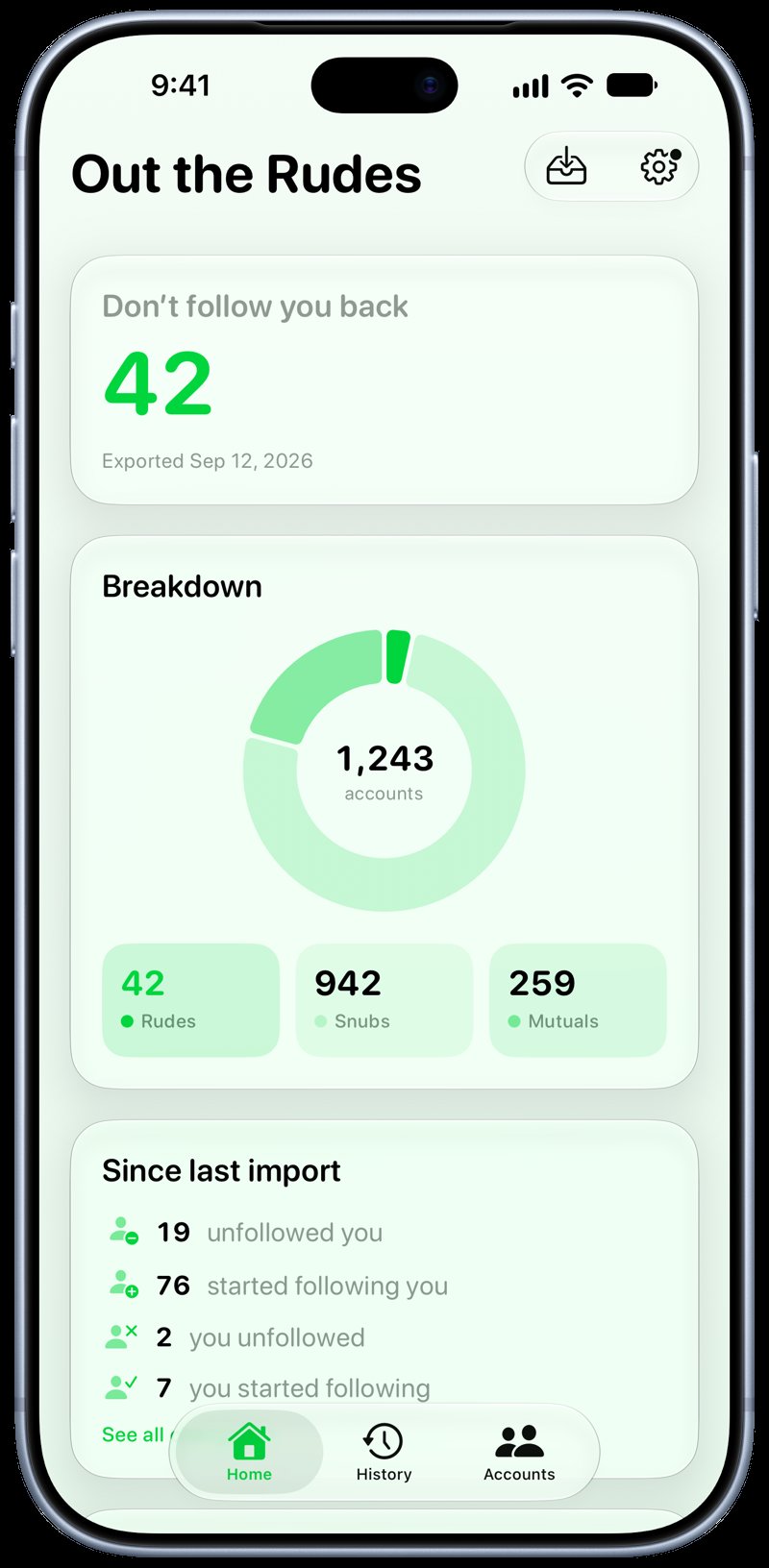 Out the Rudes on iPhone 18 Pro Max showing Follows Back in the Green tint, light appearance.