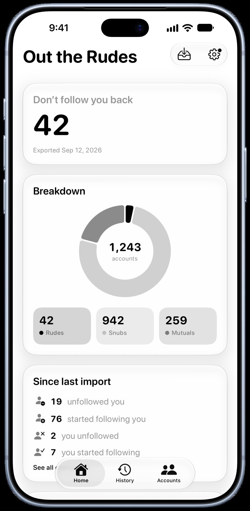 Out the Rudes on iPhone 18 Pro Max showing Follows Back in the Grey tint, light appearance.