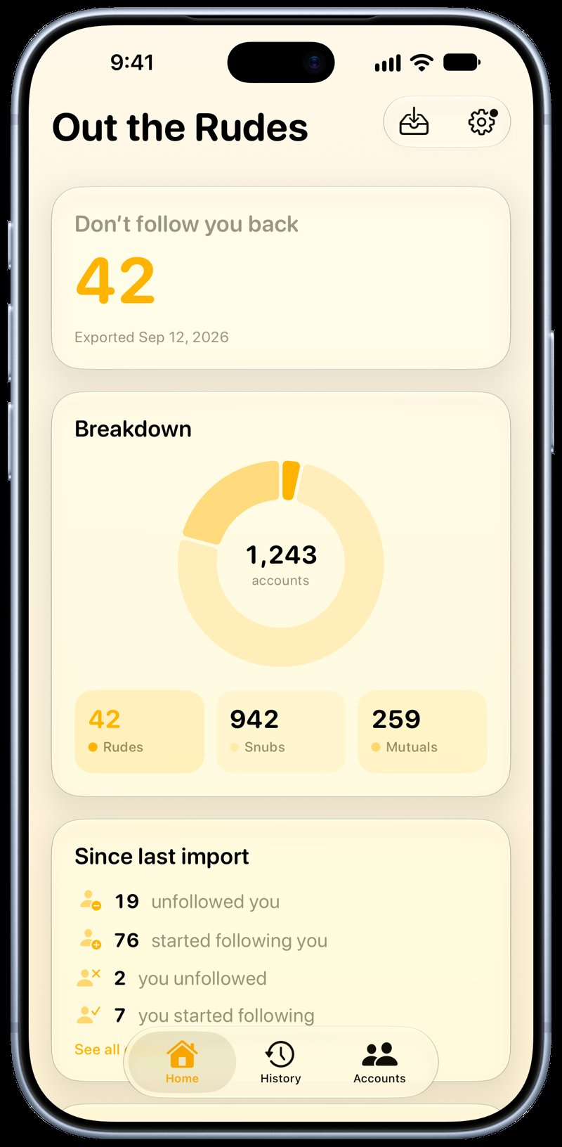 Out the Rudes on iPhone 18 Pro Max showing Follows Back in the Yellow tint, light appearance.