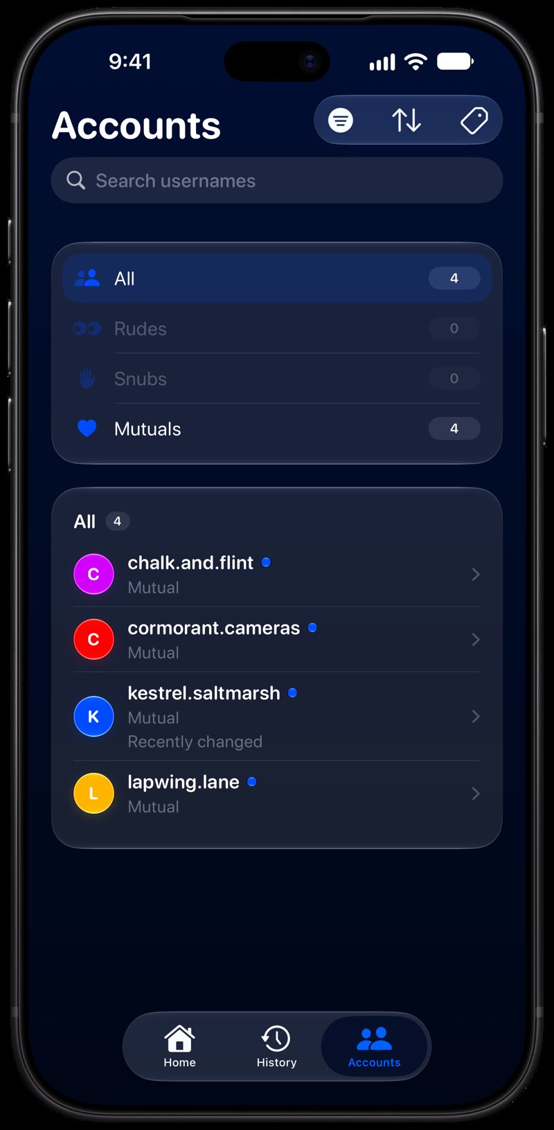 Out the Rudes on iPhone 18 Pro Max showing Tags in the Blue tint, dark appearance.