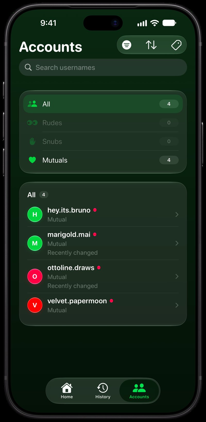 Out the Rudes on iPhone 18 Pro Max showing Tags in the Green tint, dark appearance.