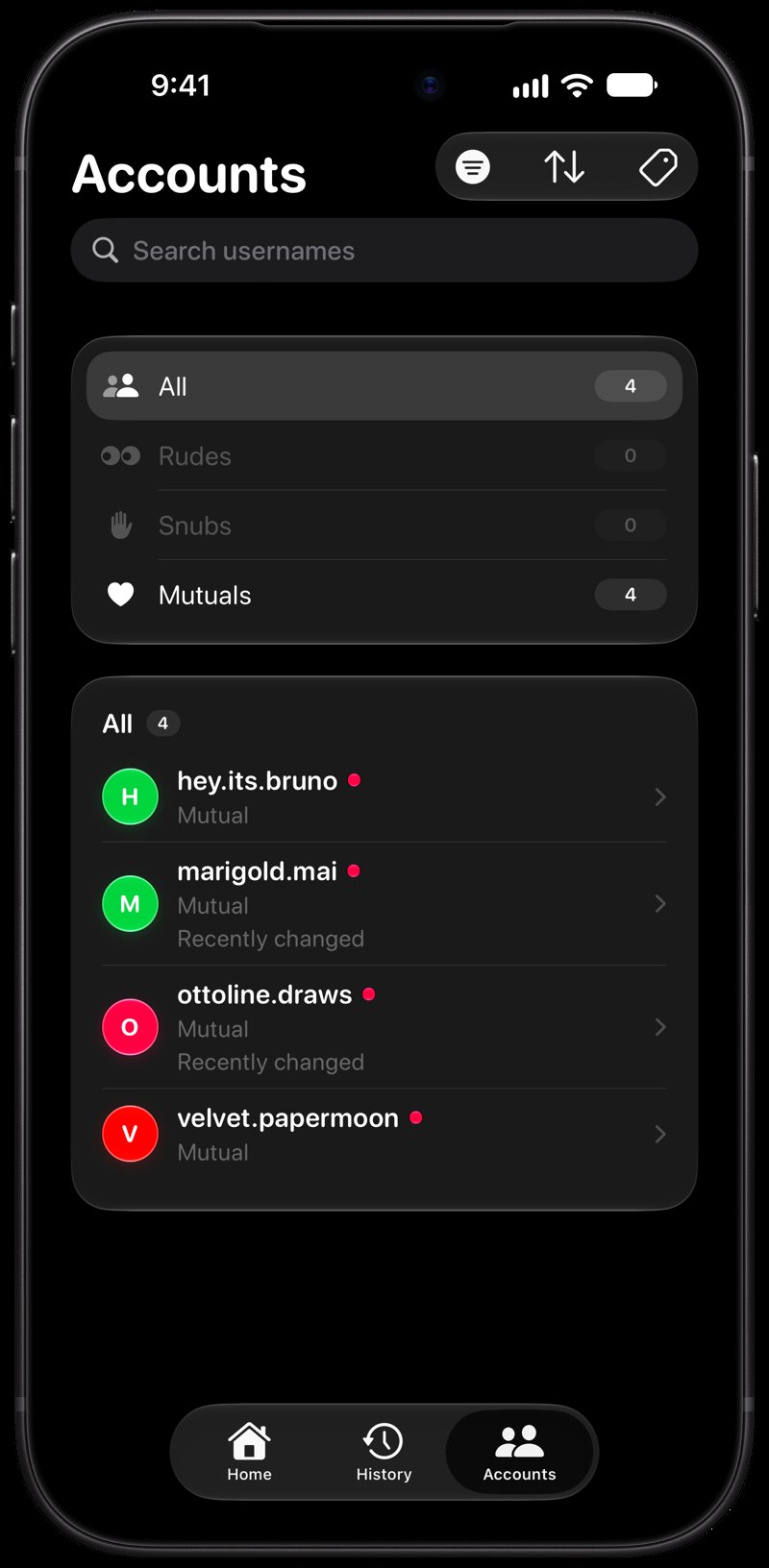 Out the Rudes on iPhone 18 Pro Max showing Tags in the Grey tint, dark appearance.