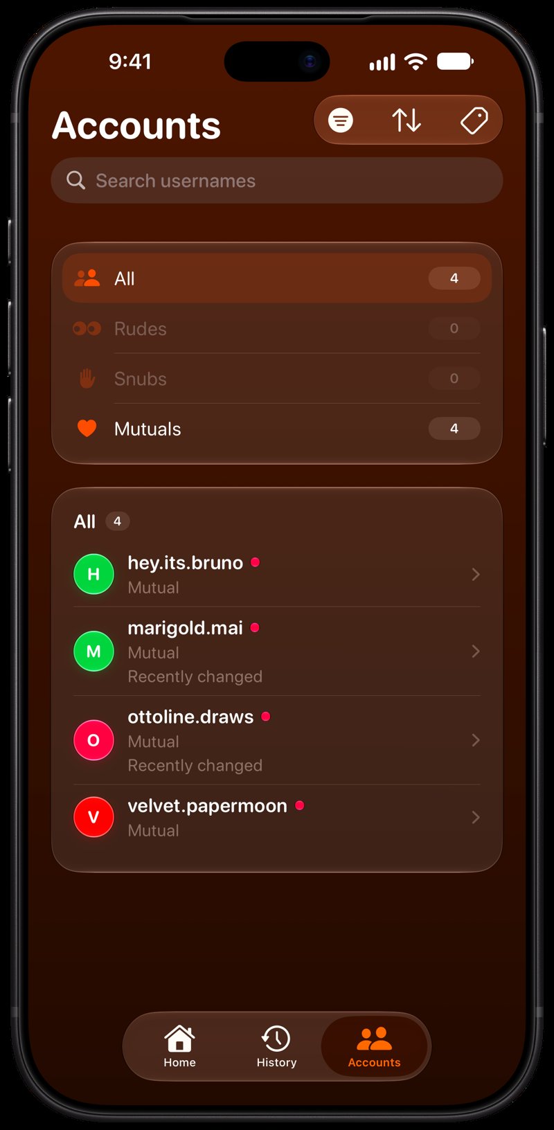 Out the Rudes on iPhone 18 Pro Max showing Tags in the Orange tint, dark appearance.