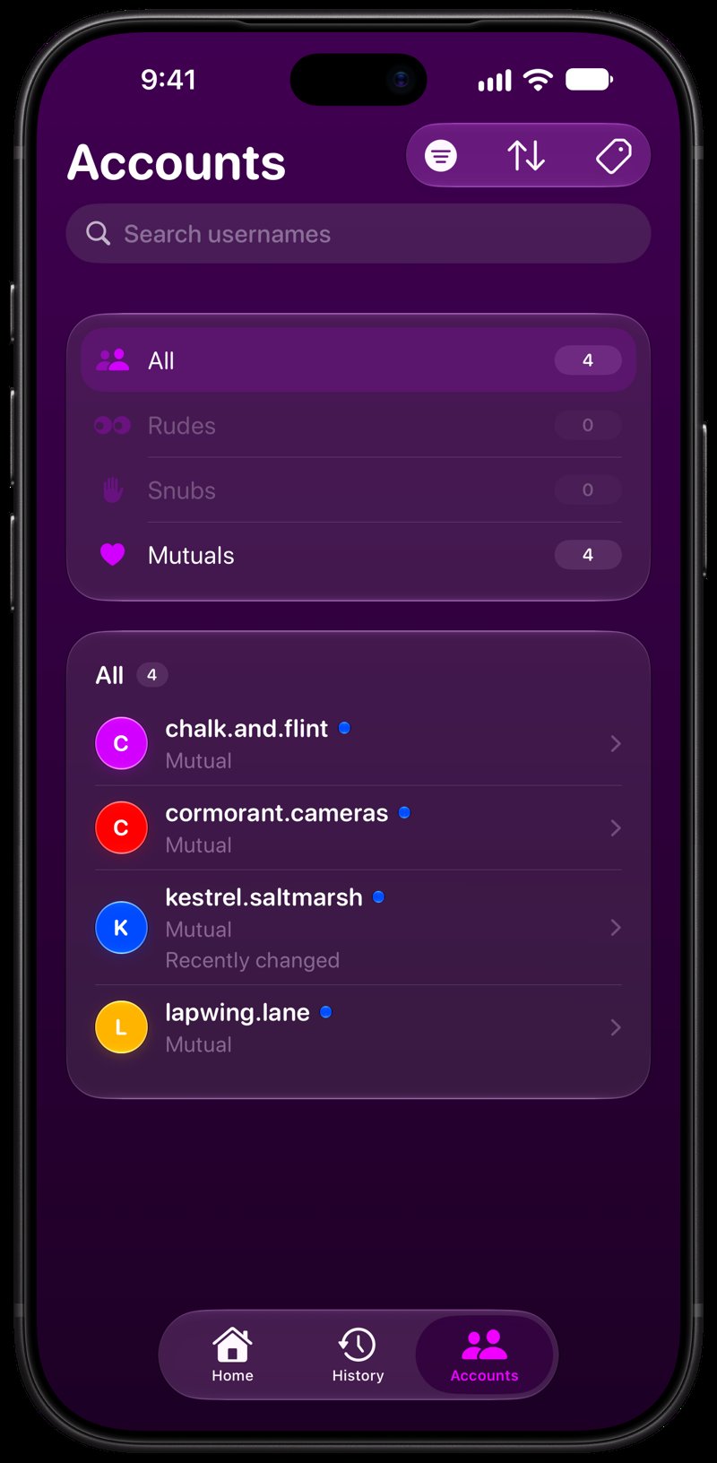 Out the Rudes on iPhone 18 Pro Max showing Tags in the Purple tint, dark appearance.