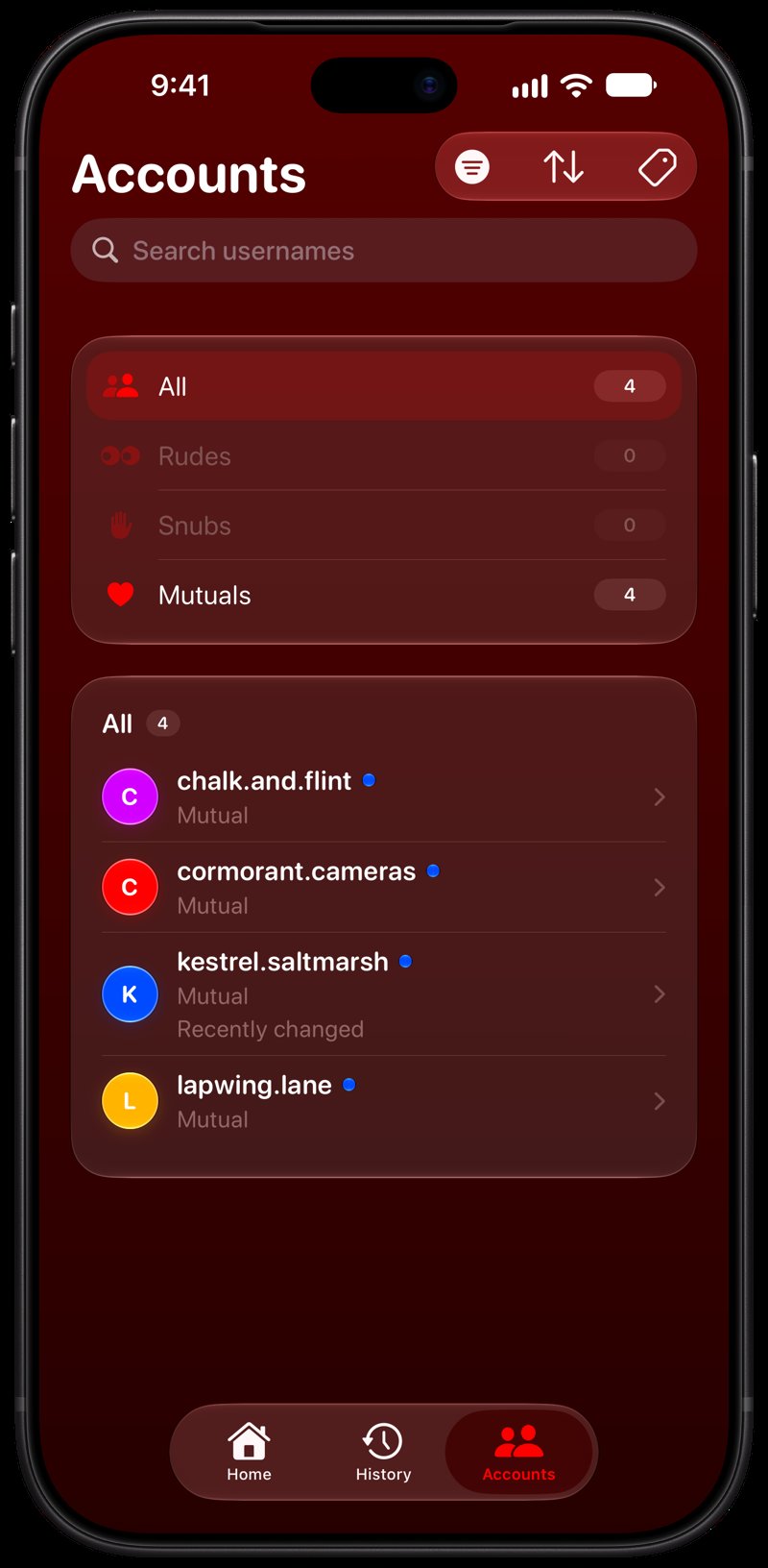 Out the Rudes on iPhone 18 Pro Max showing Tags in the Red tint, dark appearance.