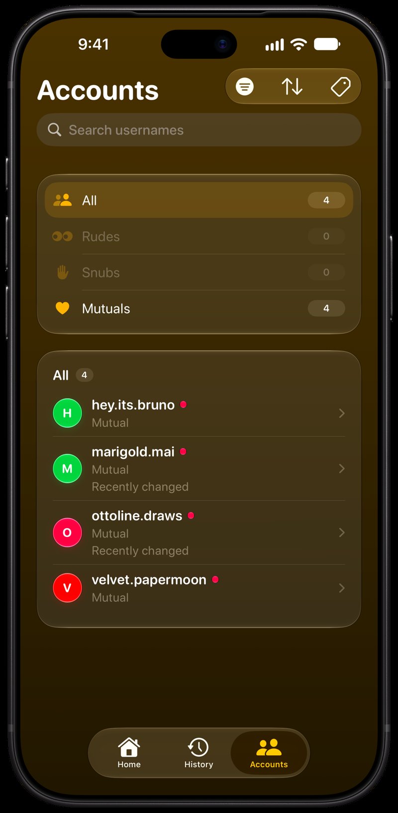 Out the Rudes on iPhone 18 Pro Max showing Tags in the Yellow tint, dark appearance.