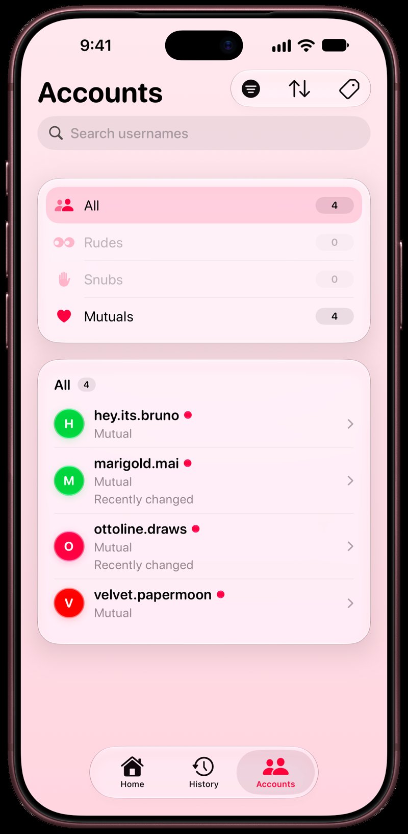 Out the Rudes on iPhone 18 Pro Max showing Tags in the Pink tint, light appearance.
