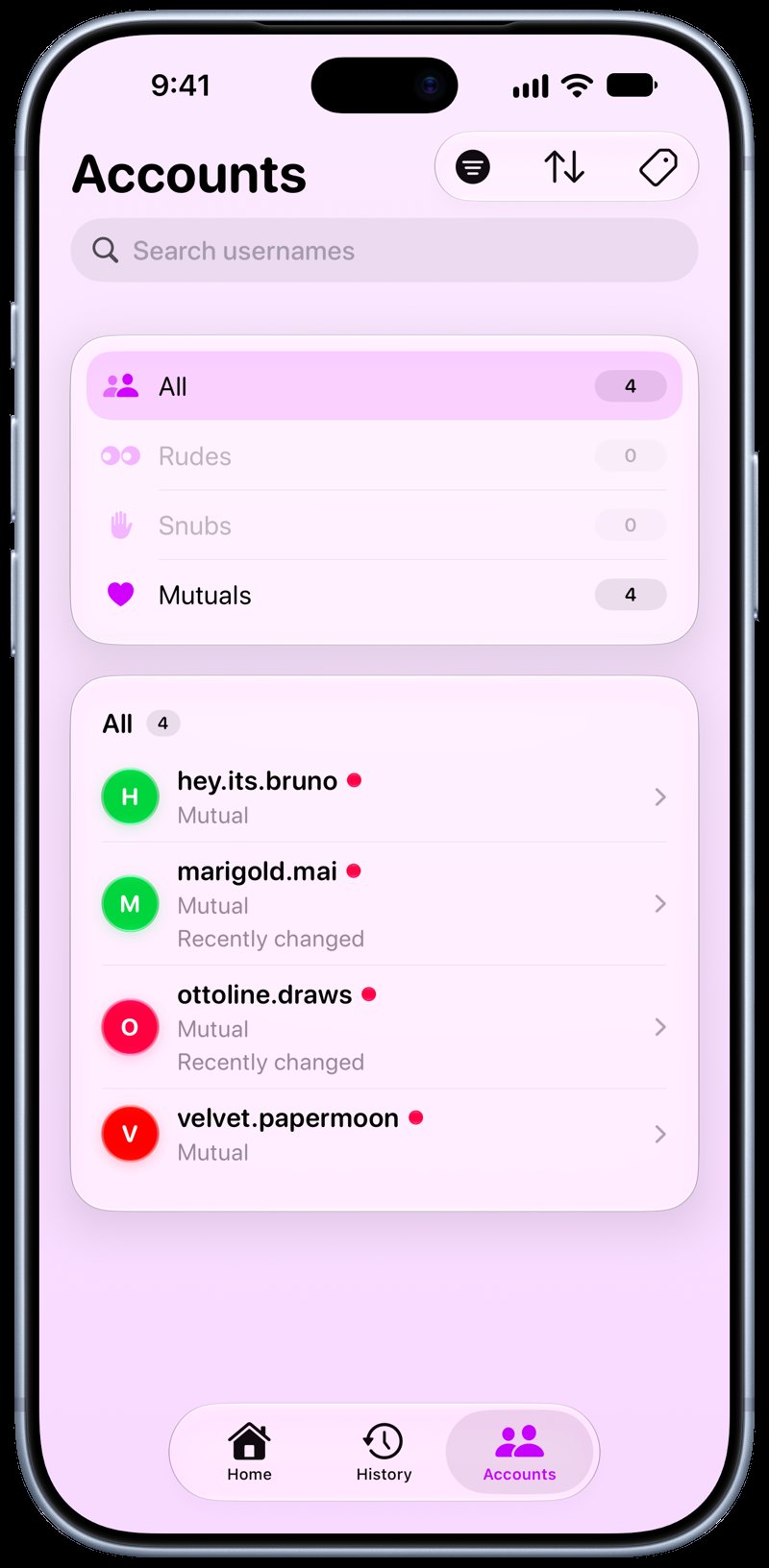 Out the Rudes on iPhone 18 Pro Max showing Tags in the Purple tint, light appearance.