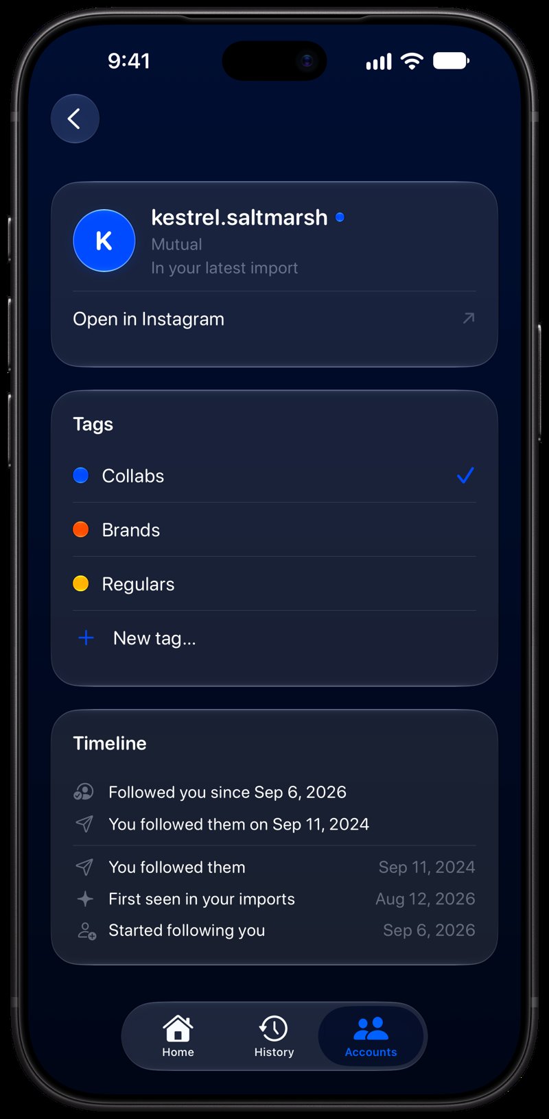 Out the Rudes on iPhone 18 Pro Max showing Timeline in the Blue tint, dark appearance.