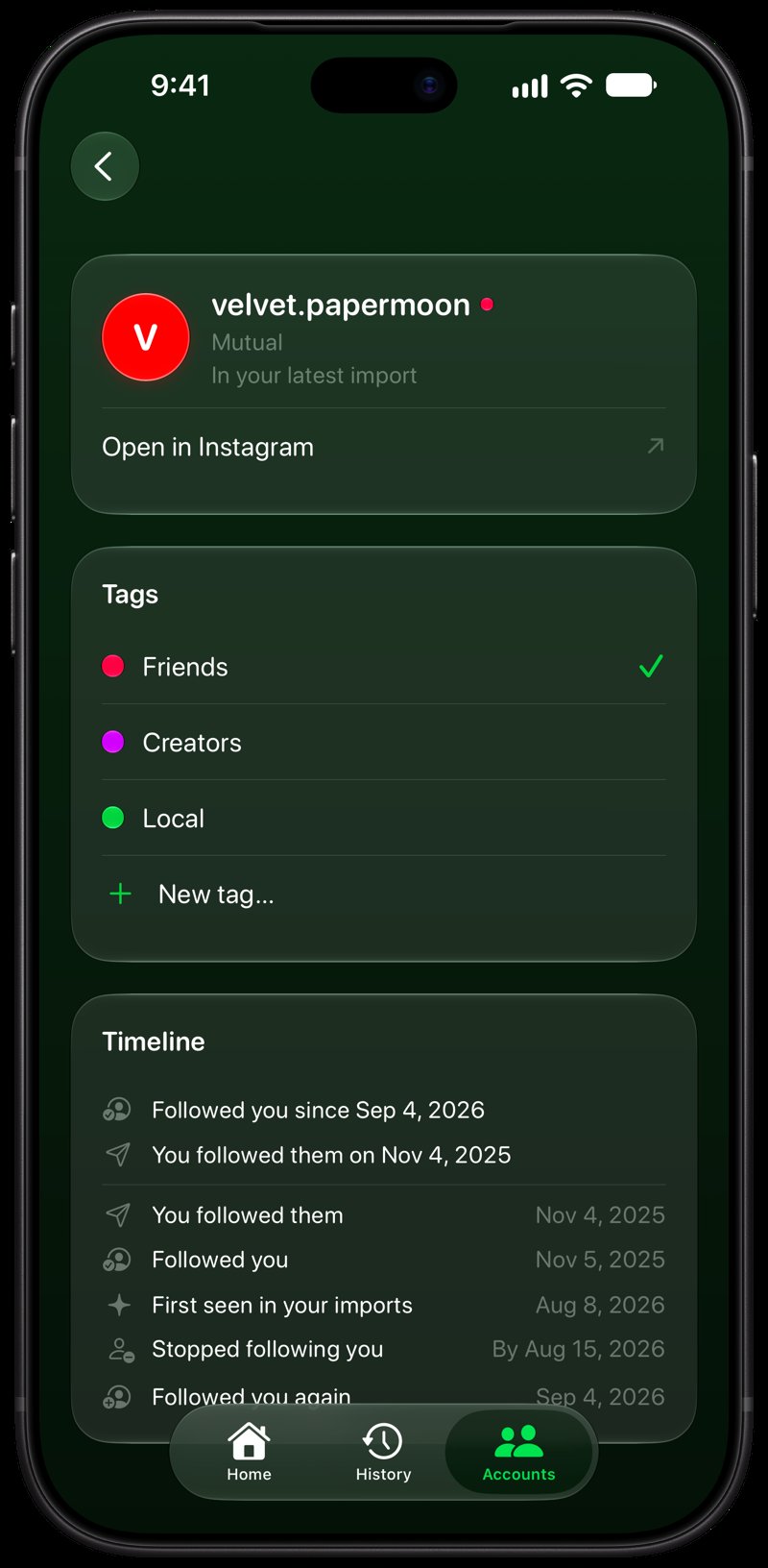 Out the Rudes on iPhone 18 Pro Max showing Timeline in the Green tint, dark appearance.