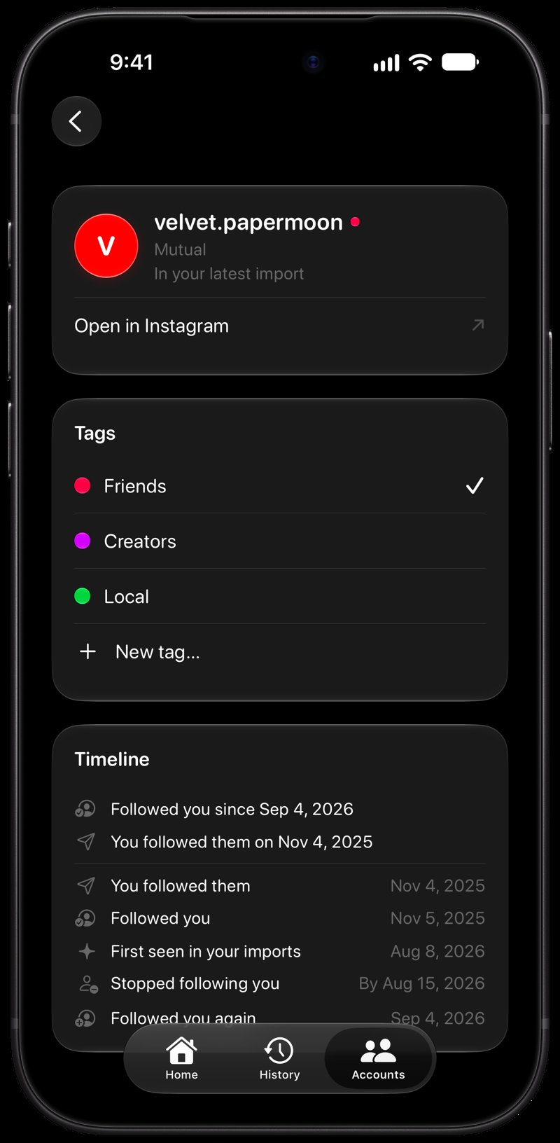 Out the Rudes on iPhone 18 Pro Max showing Timeline in the Grey tint, dark appearance.
