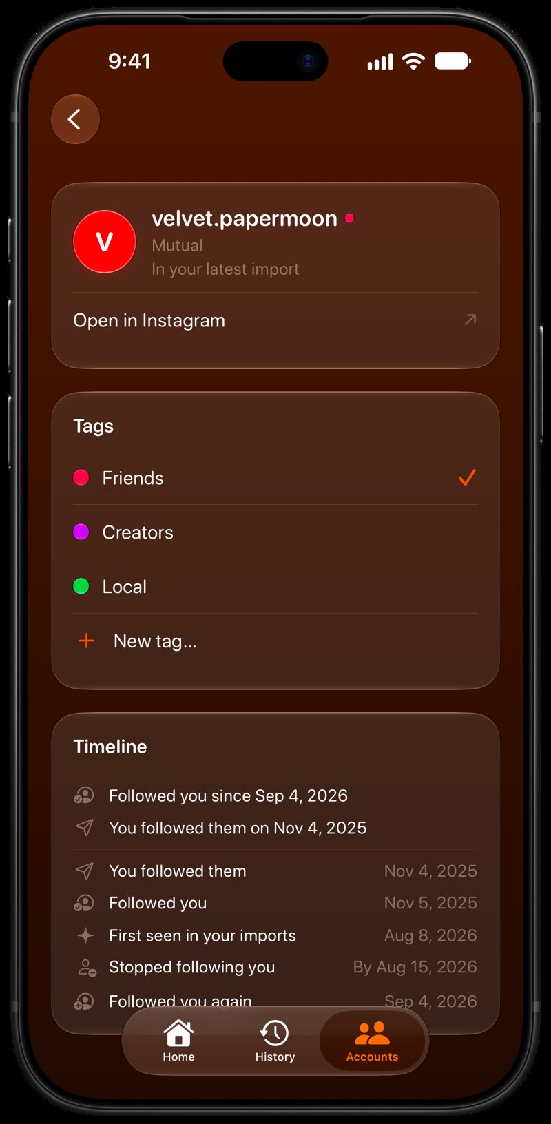 Out the Rudes on iPhone 18 Pro Max showing Timeline in the Orange tint, dark appearance.