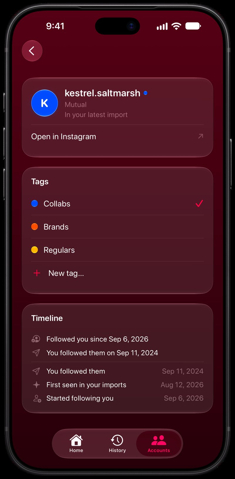 Out the Rudes on iPhone 18 Pro Max showing Timeline in the Pink tint, dark appearance.