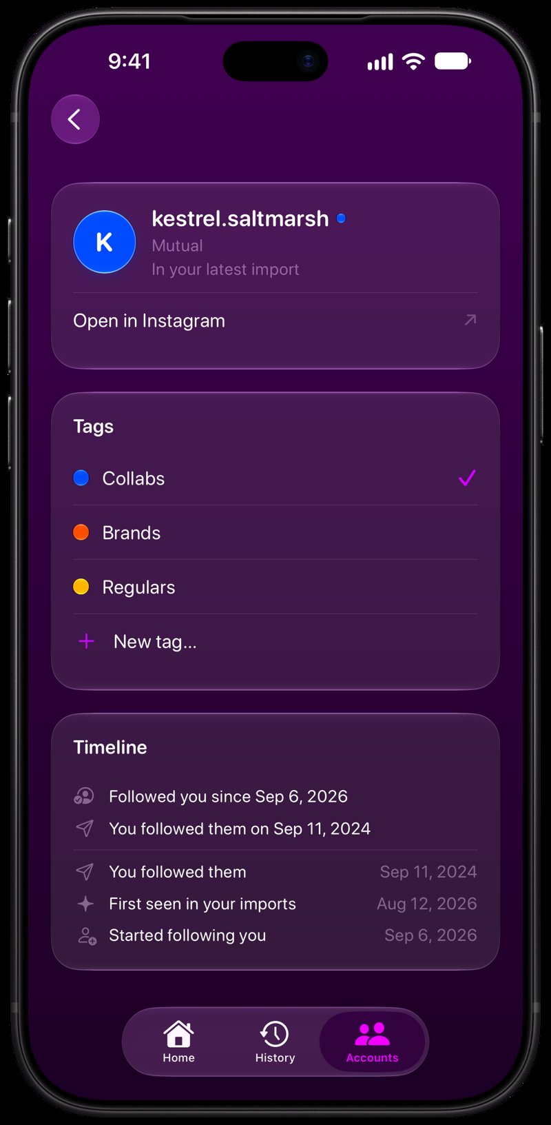 Out the Rudes on iPhone 18 Pro Max showing Timeline in the Purple tint, dark appearance.