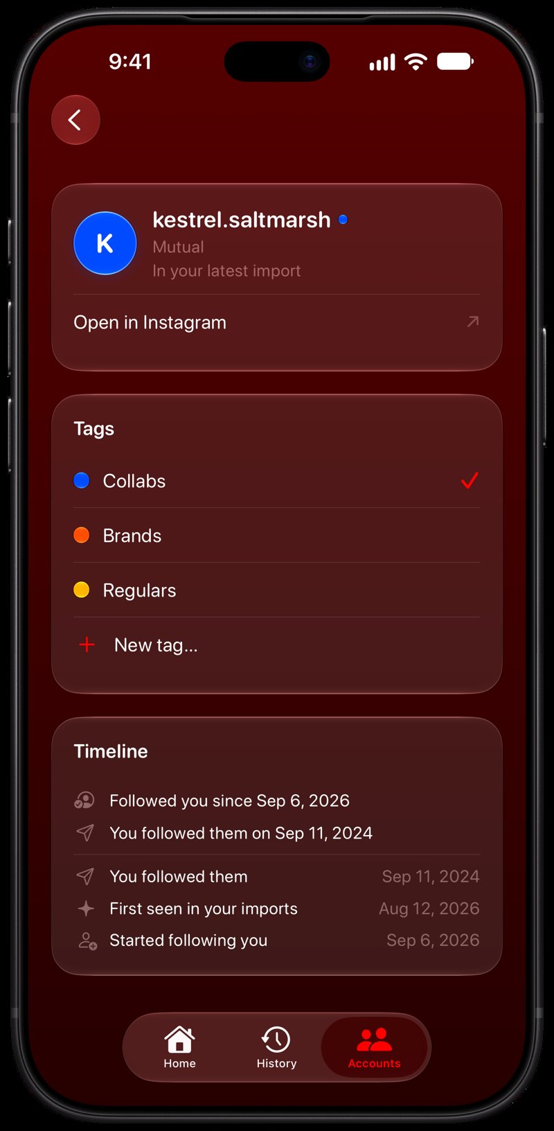 Out the Rudes on iPhone 18 Pro Max showing Timeline in the Red tint, dark appearance.