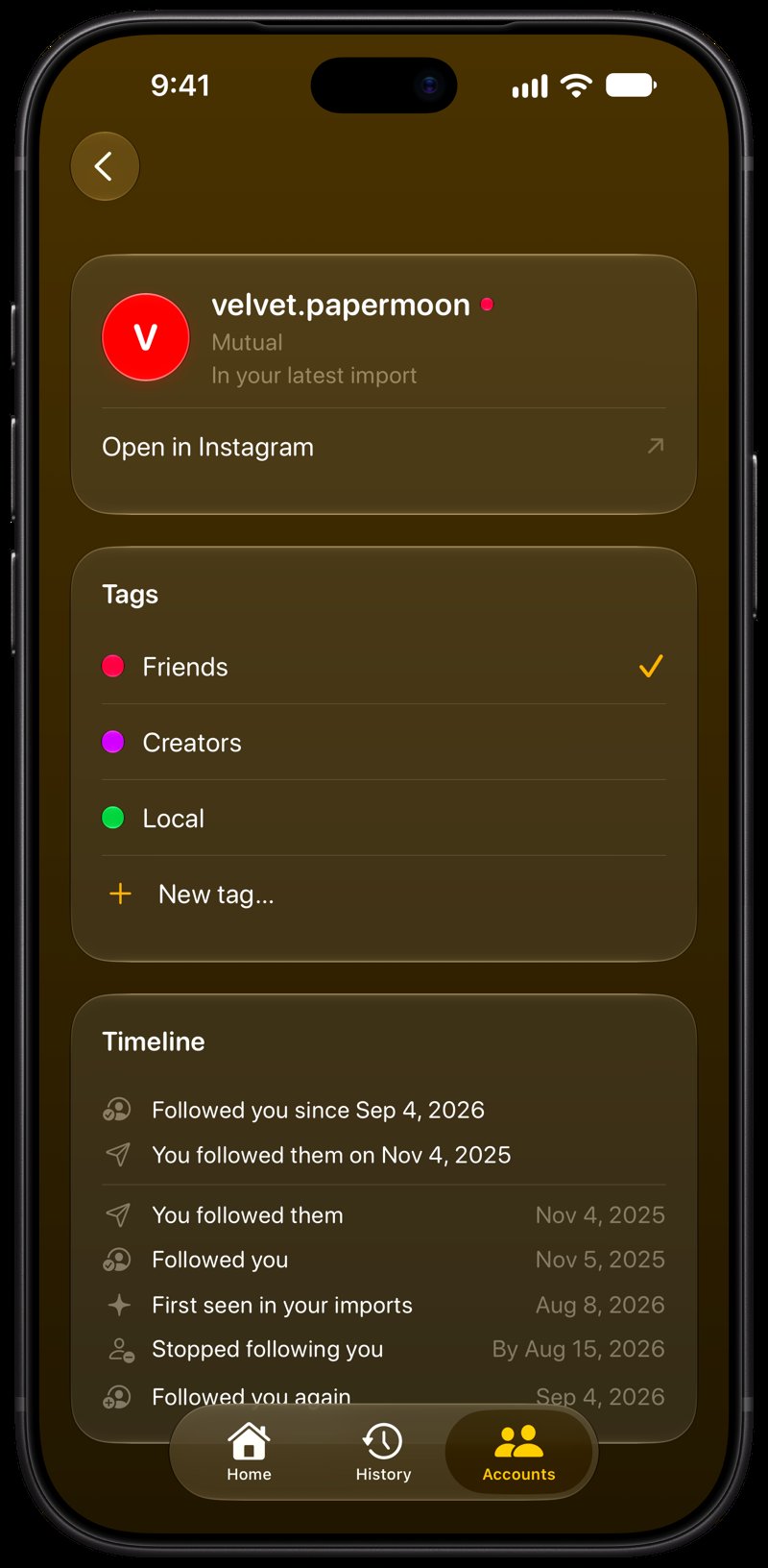 Out the Rudes on iPhone 18 Pro Max showing Timeline in the Yellow tint, dark appearance.