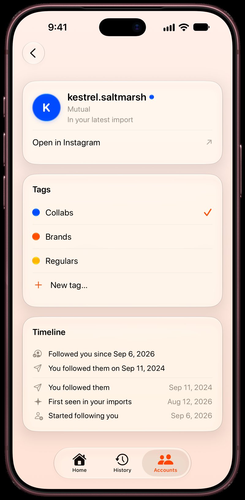 Out the Rudes on iPhone 18 Pro Max showing Timeline in the Orange tint, light appearance.