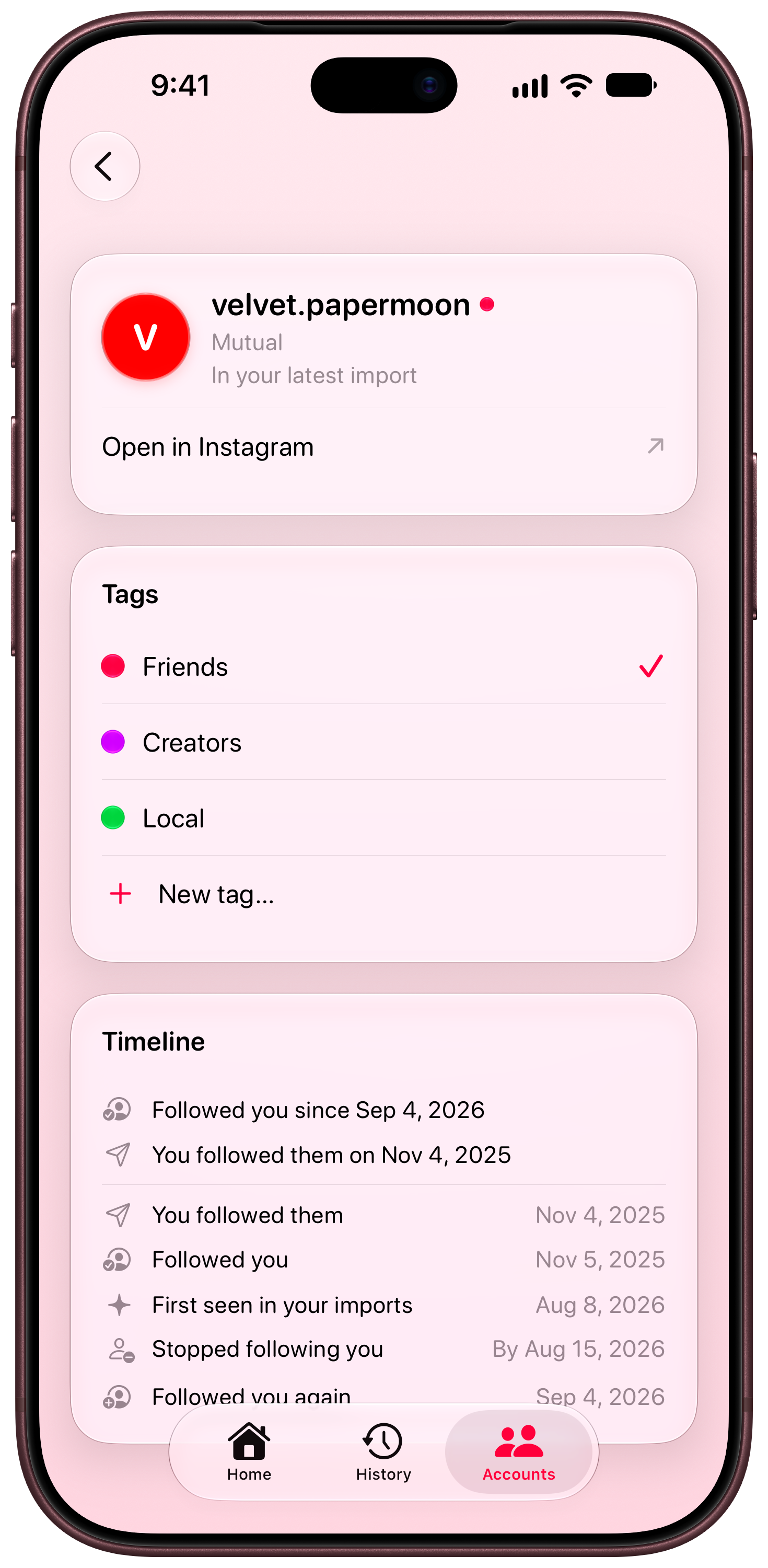 Out the Rudes on iPhone 18 Pro Max showing Timeline in the Pink tint, light appearance.