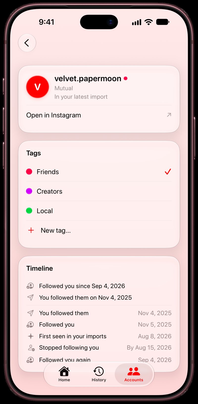 Out the Rudes on iPhone 18 Pro Max showing Timeline in the Red tint, light appearance.